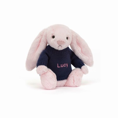 Jellycat Bashful Pink Bunny with Navy Jumper New Zealand | KDRFQ9031